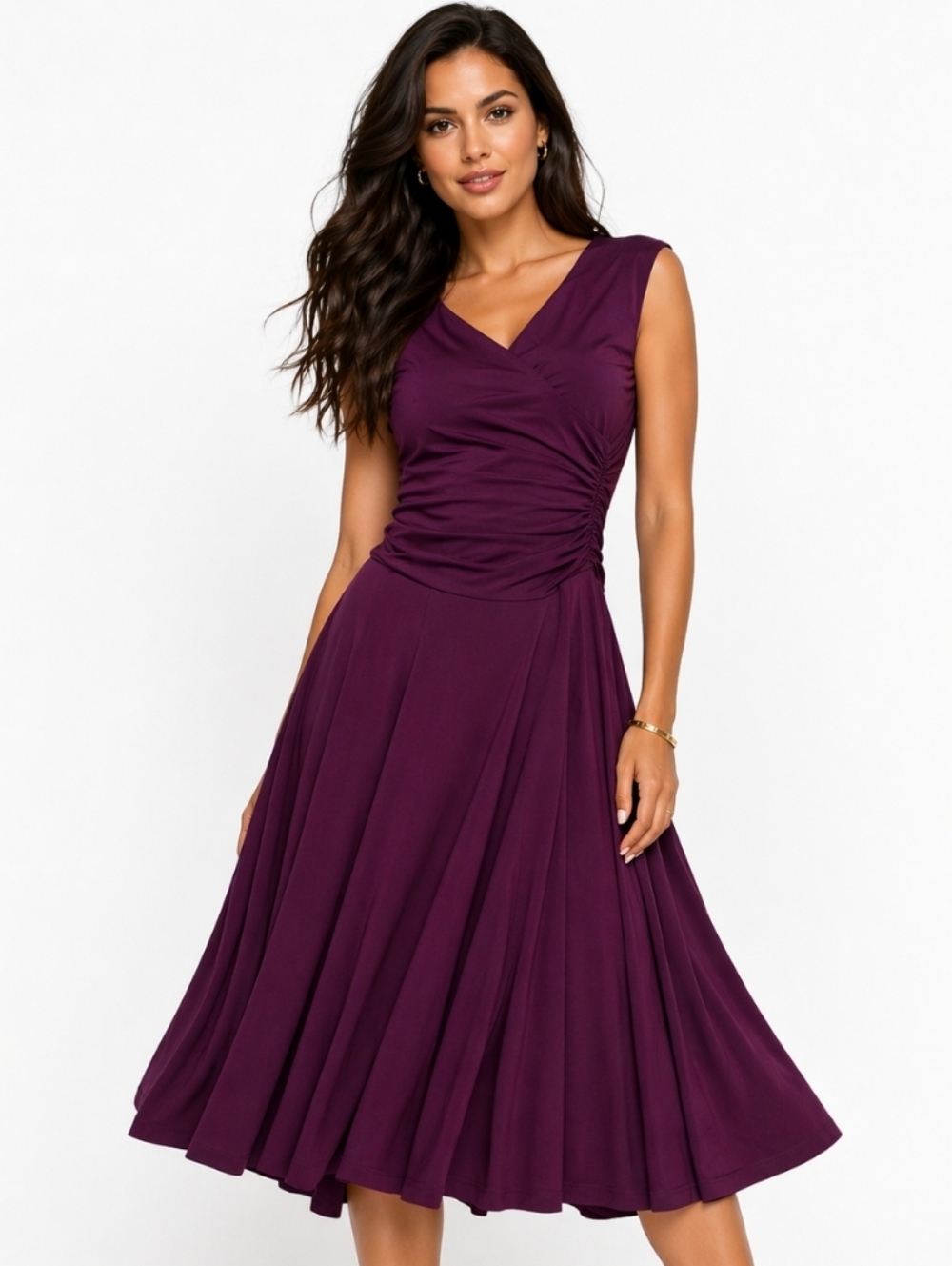 Jones New York Petite Sleeveless V-Neck Midi Dress in Plum (Size:4petite)